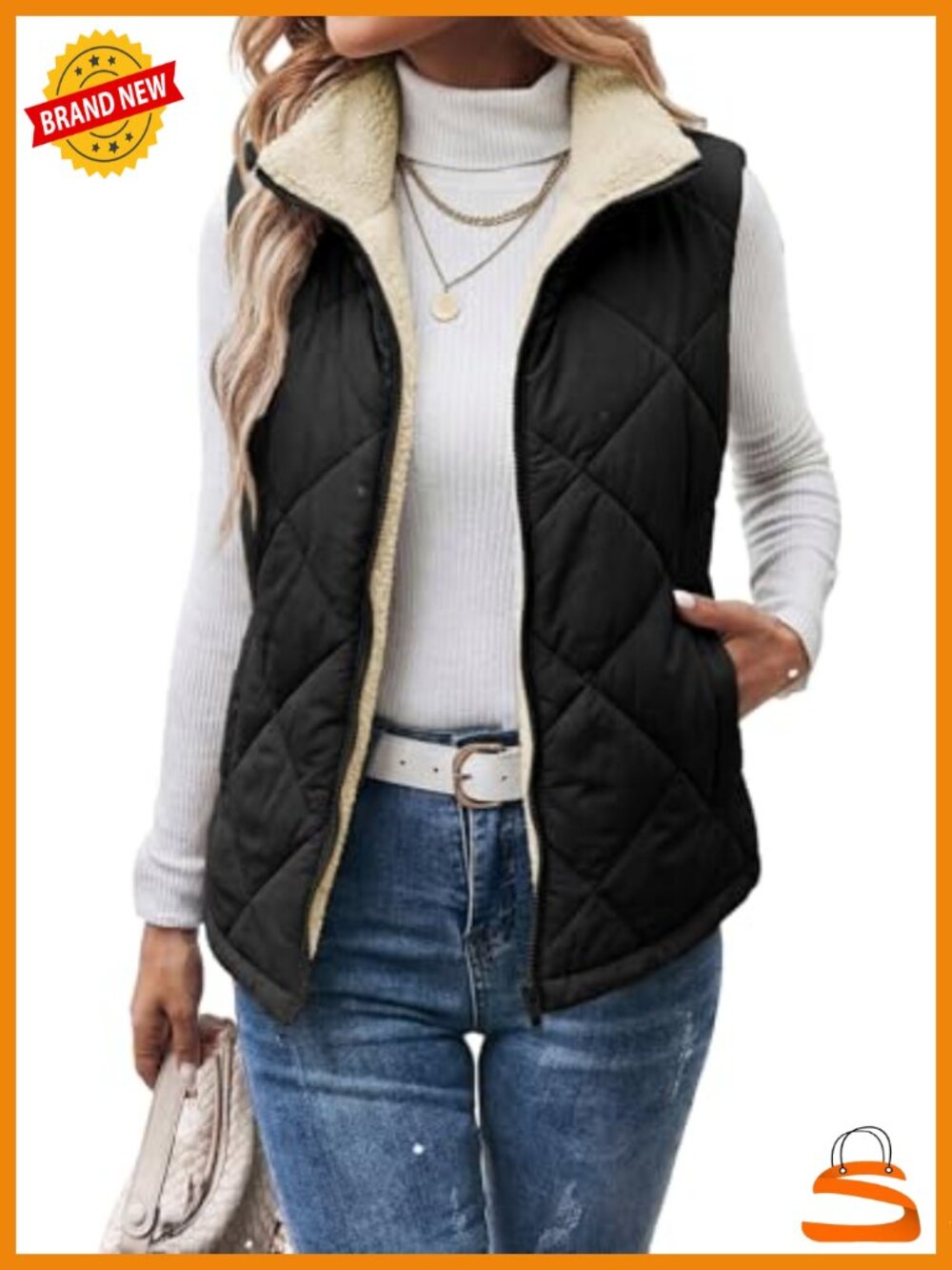 Sherpa Fleece Quilted Puffer Vest Stand Collar Zip Up Sleeveless Jacket